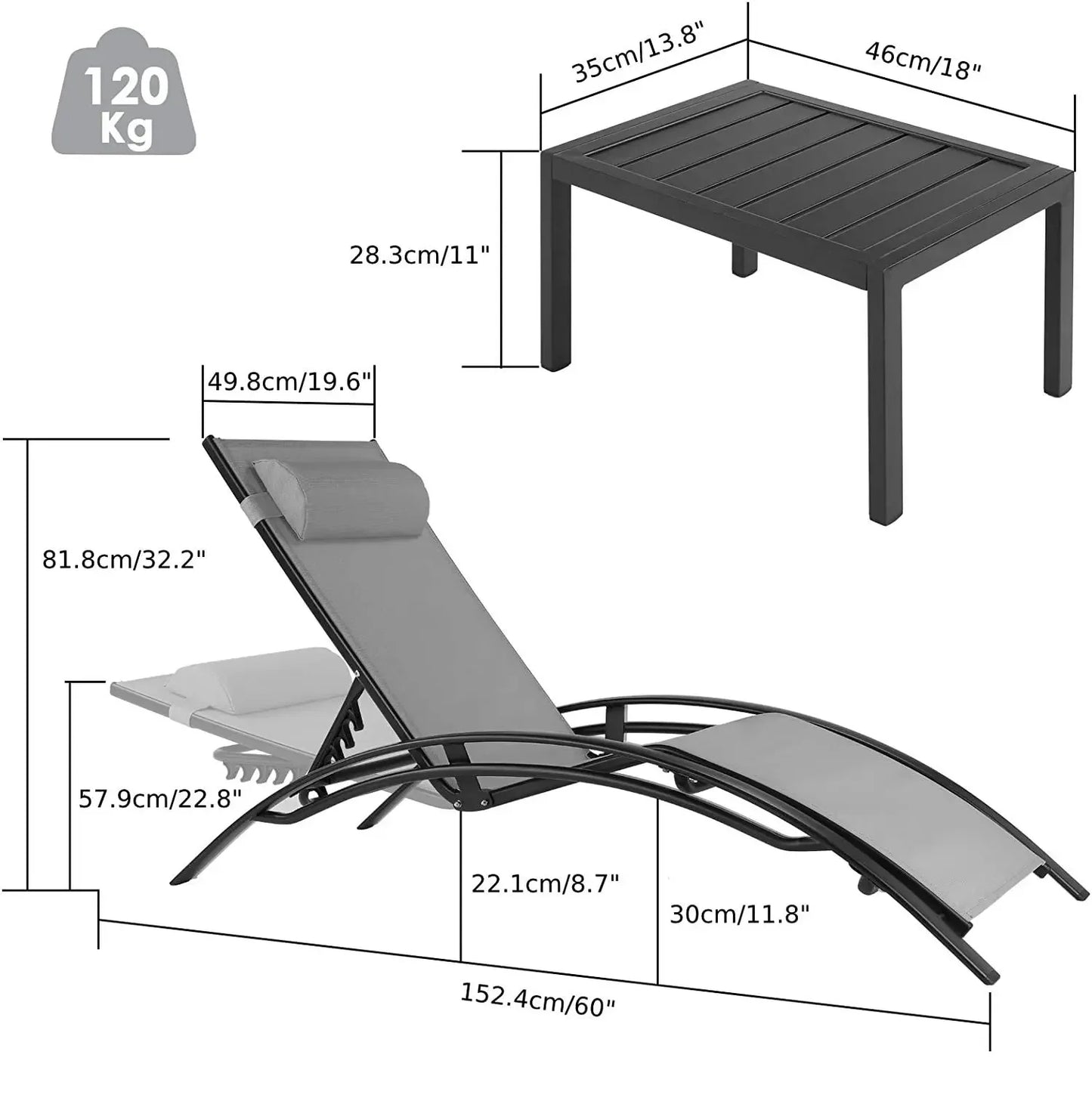 Homfa Aluminum Outdoor Lounge Chair Set With 5 Adjustable Backrests And Table