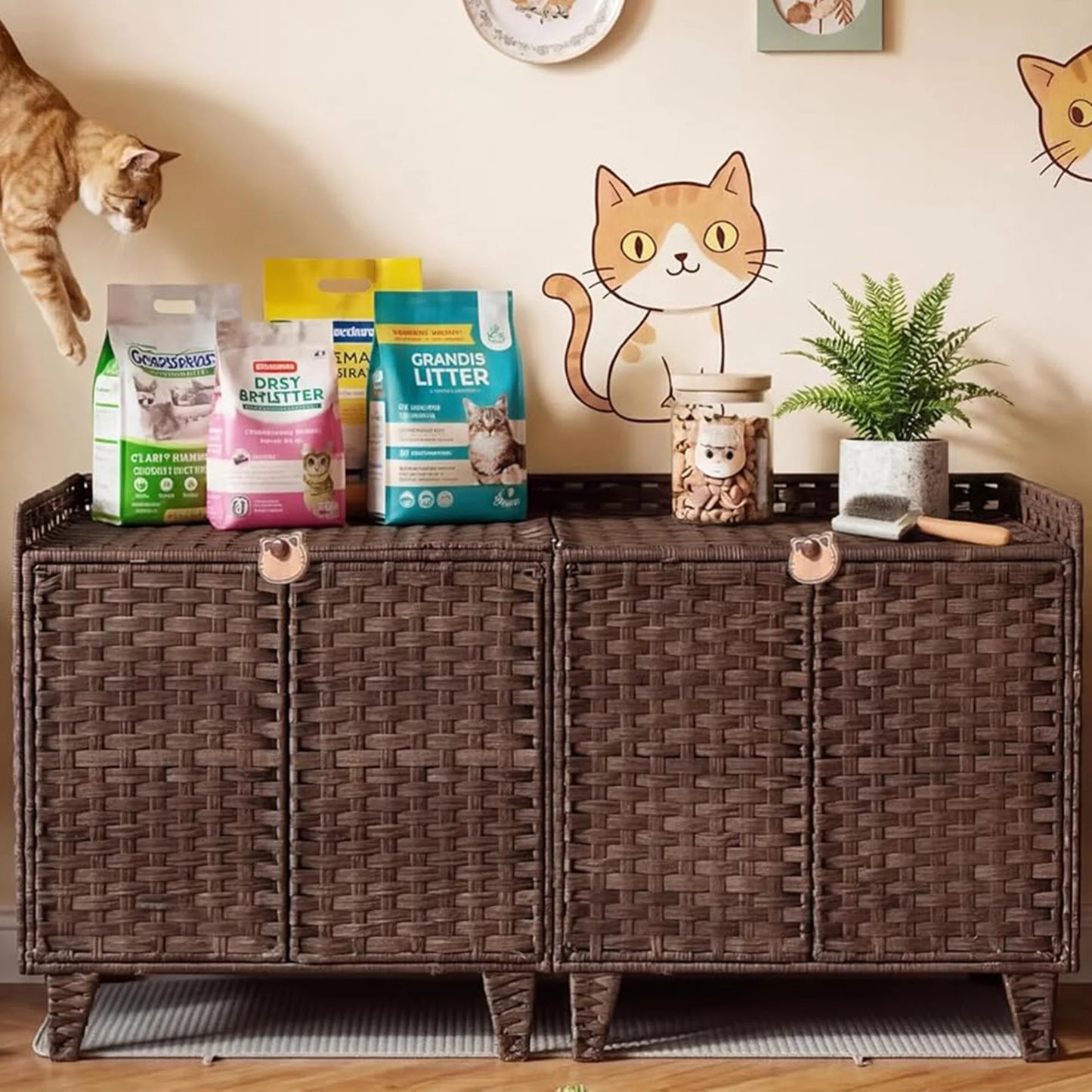 DishyKooker Litter Box Enclosure for Two Cats Rattan Cat Furniture