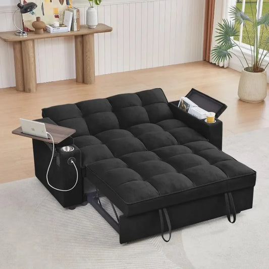 3-In-1 Folding Convertible Sofa Bed Pullout Chenille 360-Degree Swivel Table