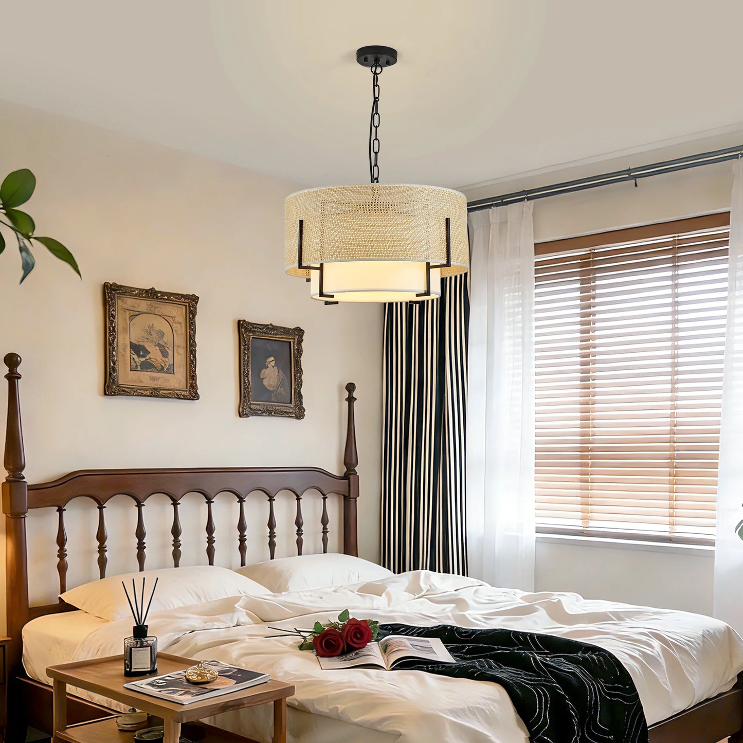 Zhikea Farmhouse Boho Chandelier With Rattan And Fabric Shade