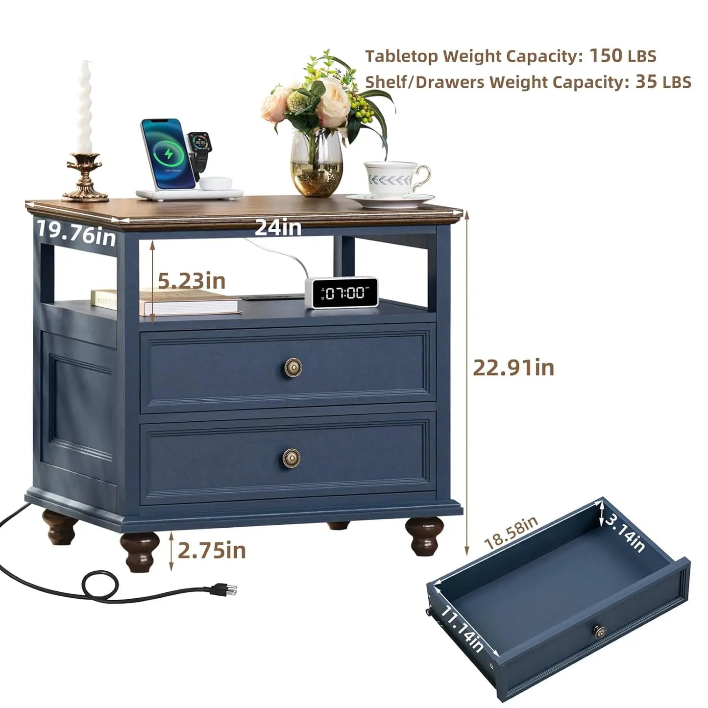 Farmhouse Nightstand With Charging Station
