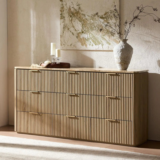Modern Fluted 9 Drawer Dresser With Faux Marble Top And Curved Corners