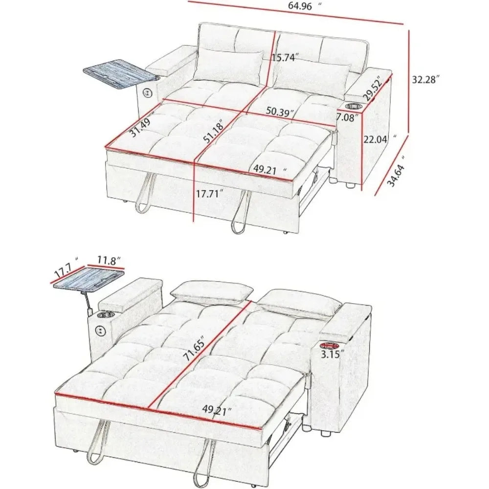 3-In-1 Folding Convertible Sofa Bed Pullout Chenille 360-Degree Swivel Table