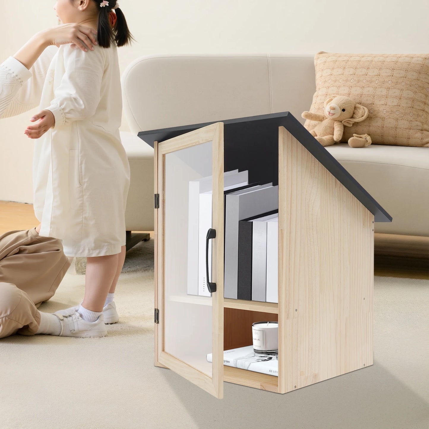 Pine And Acrylic Display Bookcase Two Tier Cabinet With Door