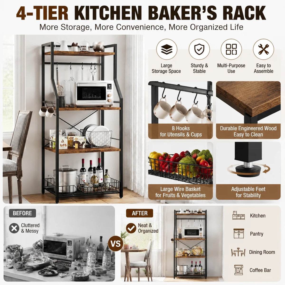 Kitchen Bakers Rack Microwave Stand Storage Organizer