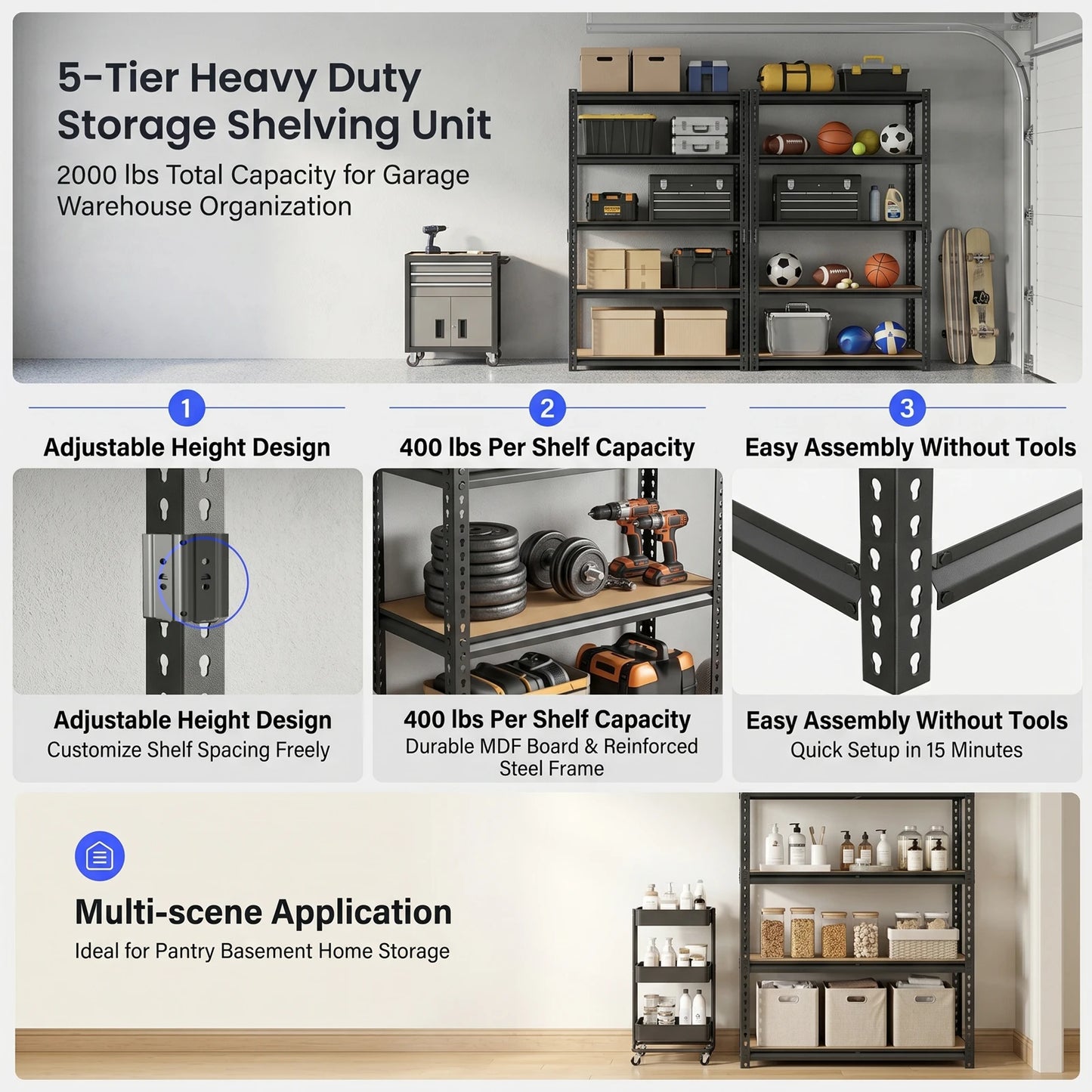 Heavy Duty Industrial Metal Storage Shelves Five-Tier Garage Unit