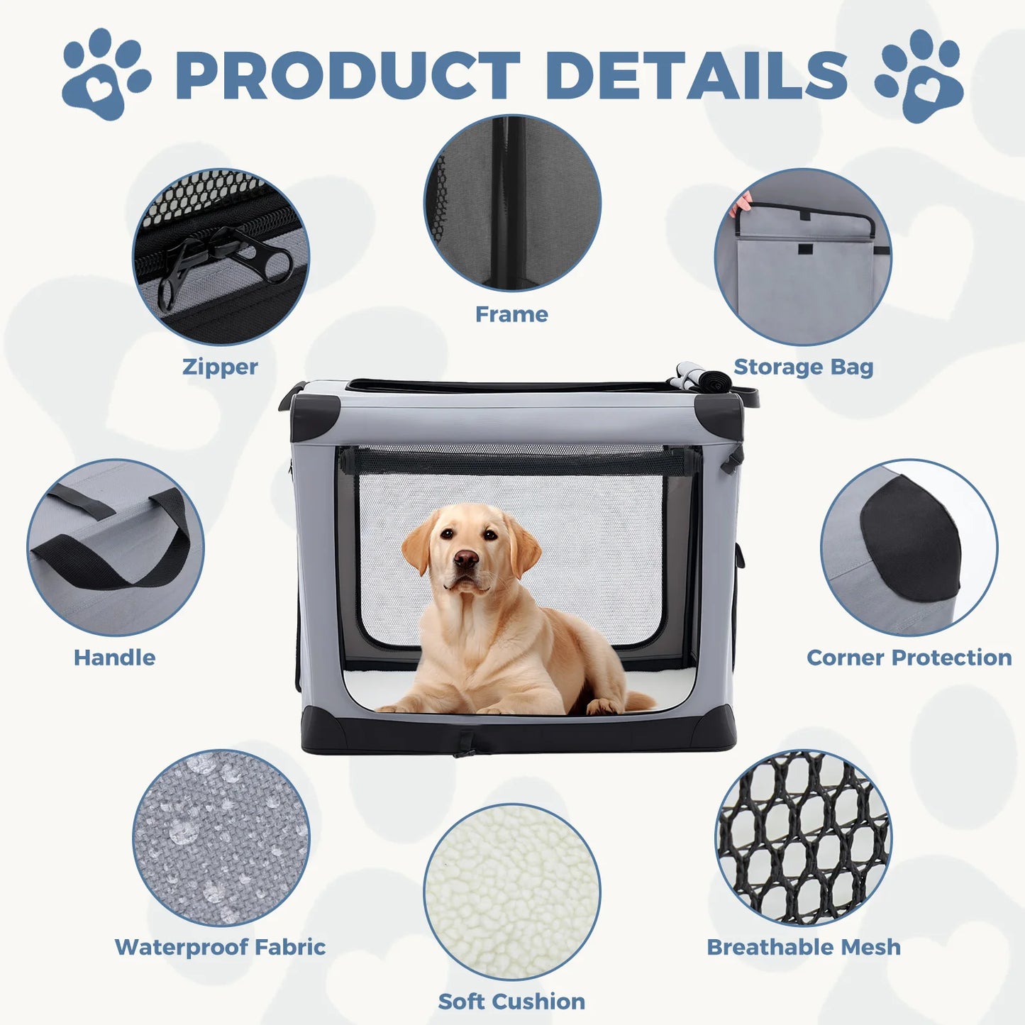 JHK Foldable Portable Dog Crate Kennel With Three Doors