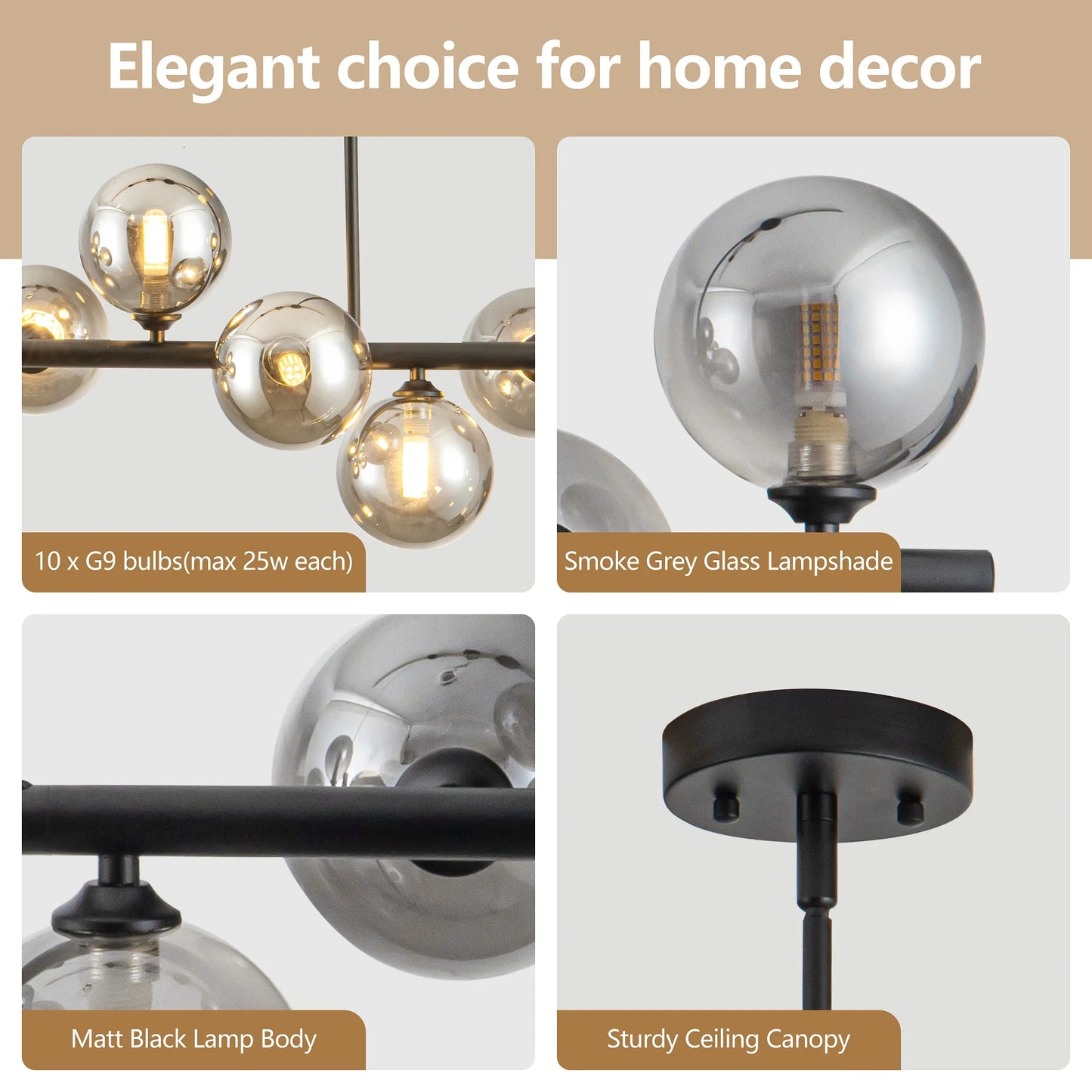 10 Light Adjustable Chandelier Smoked Glass Globes Mid Century Modern