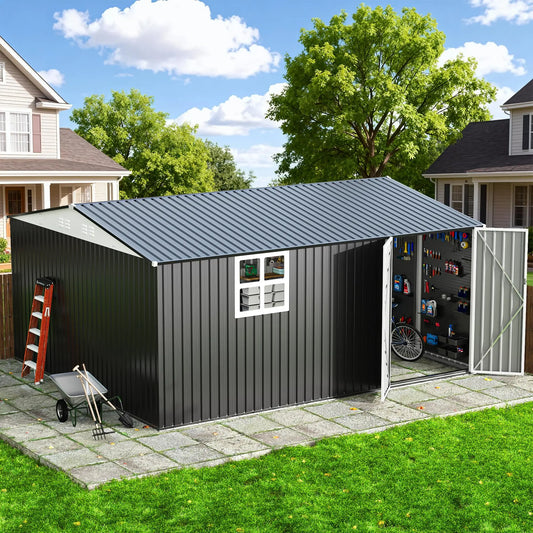 VIWAT Outdoor Metal Storage Shed With Window Lockable Garden Tool Shed