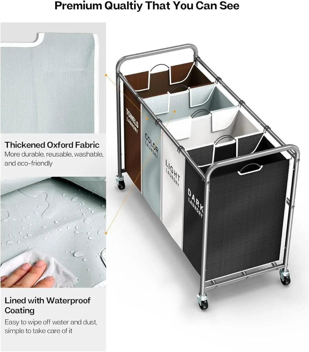 4-Section Laundry Hamper Sorter Cart With Lockable Wheels