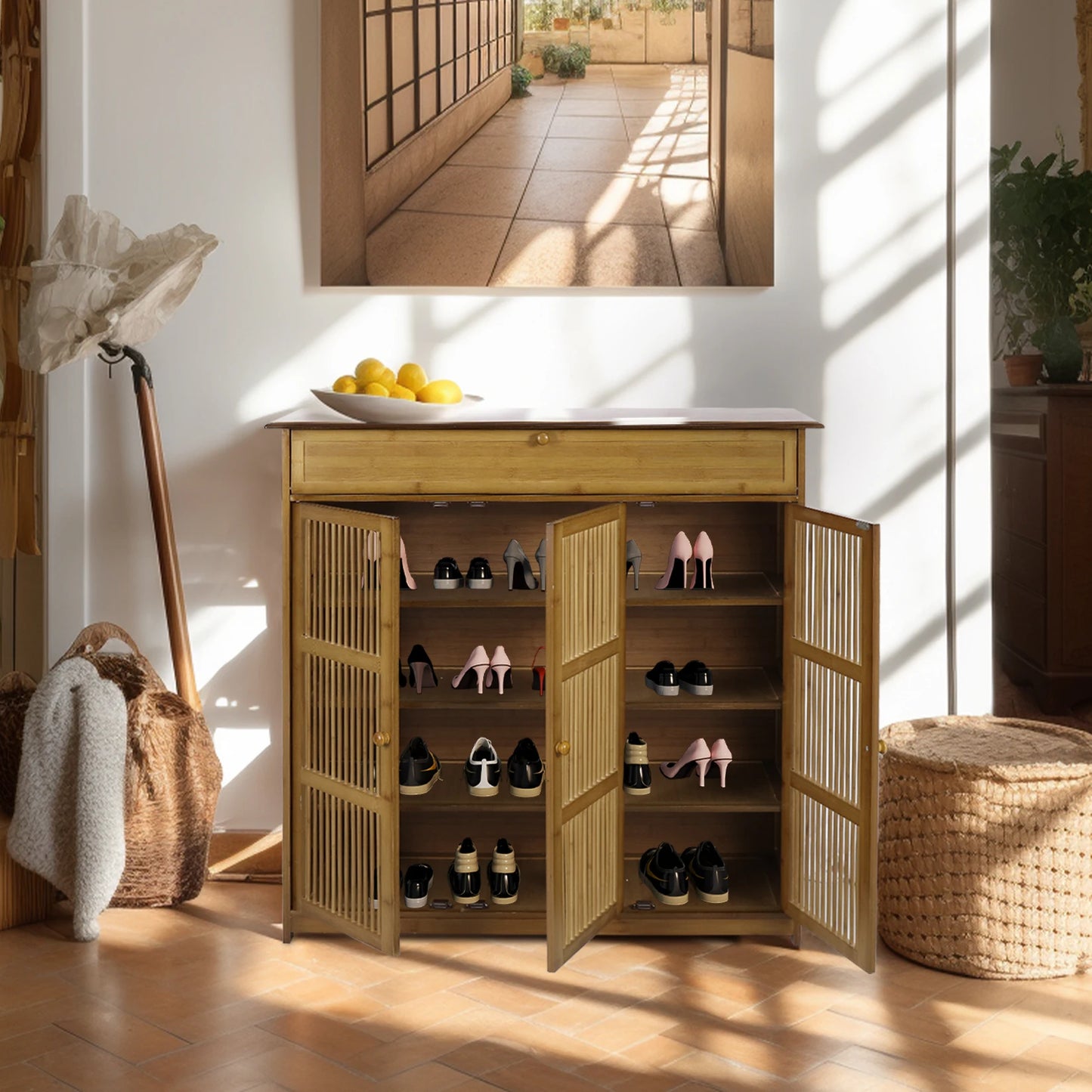 Bamboo Shoe Storage Cabinet With Hollow Doors For Entryway
