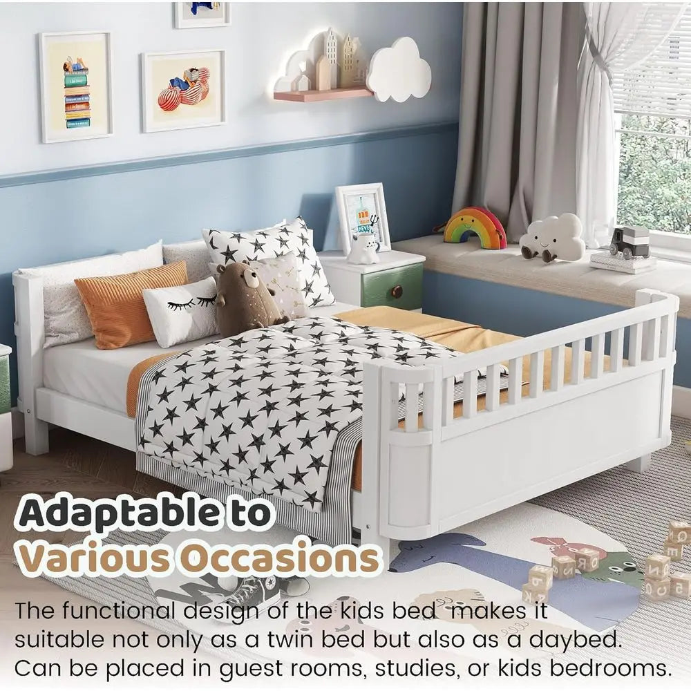 Modern Pine Wood Kids Floor Bed With Side Rails And Slats