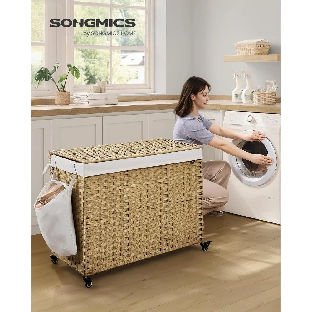 4 Section Rolling Laundry Hamper Lid Wheels Removable Liner