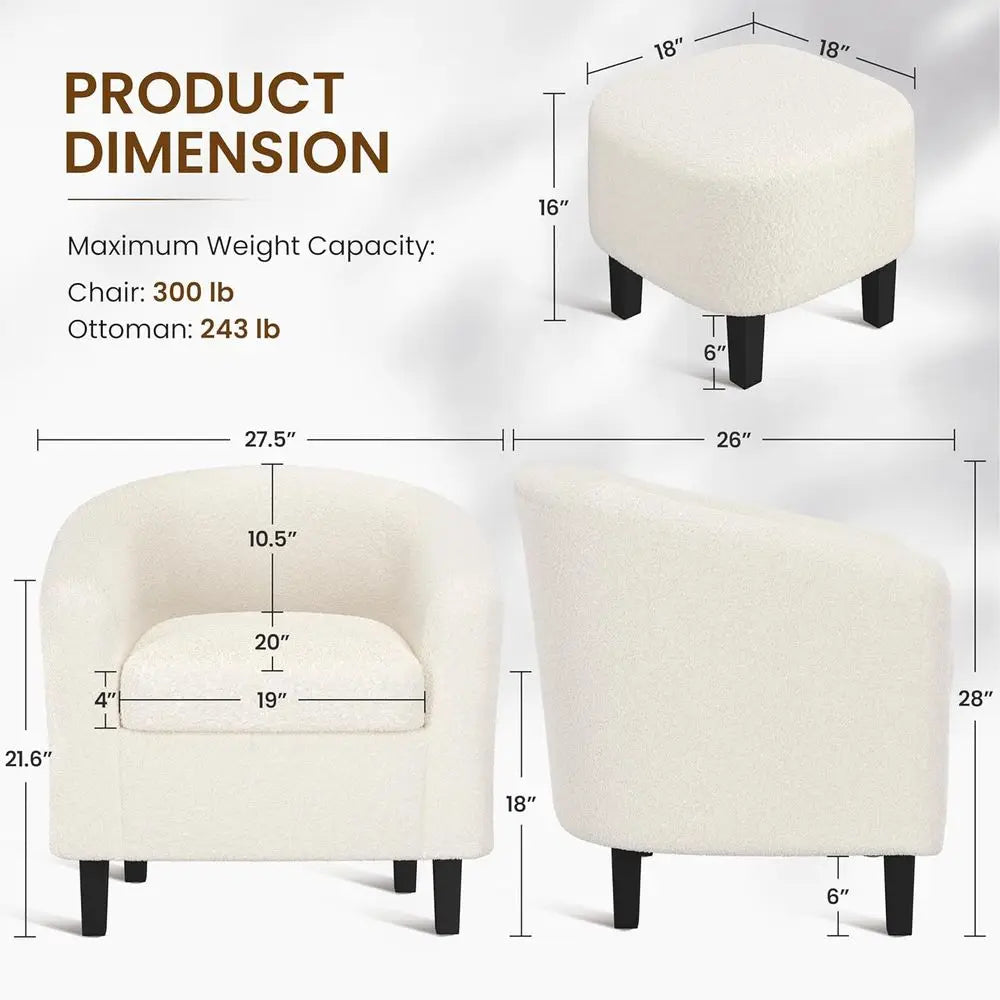 Barrel Chair With Ottoman Set in Boucle Fabric for Living Room