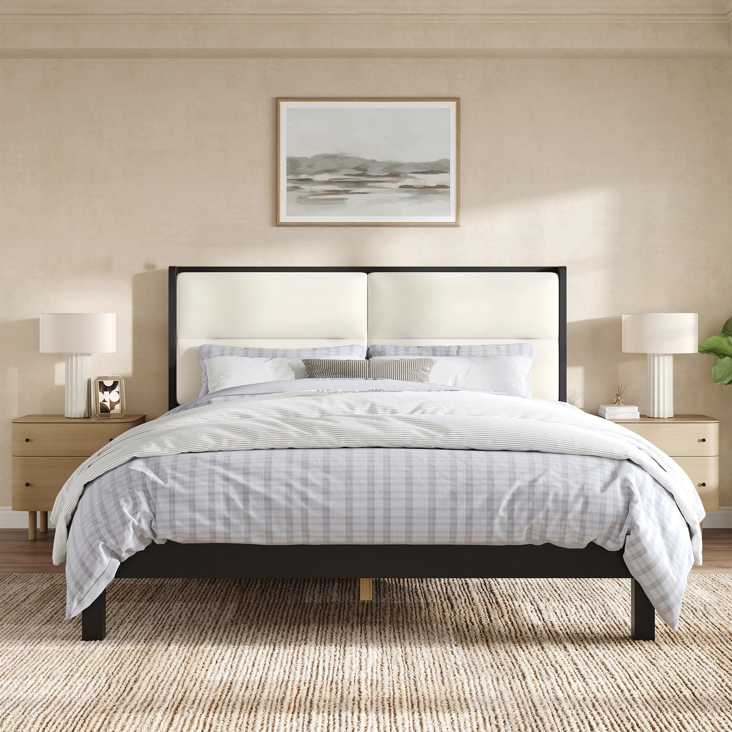 Solid Wood Platform Bed Frame With Upholstered Headboard No Box Spring Needed