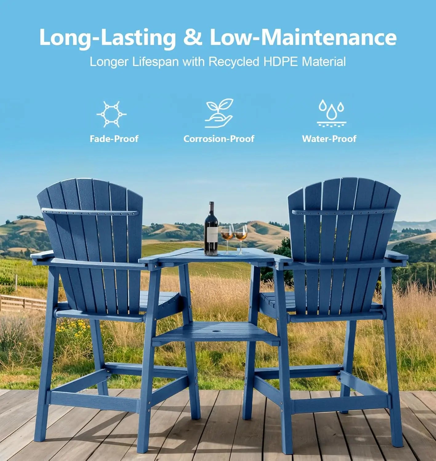 Bar Height Adirondack Chair Set Double Tray All Weather HDPE