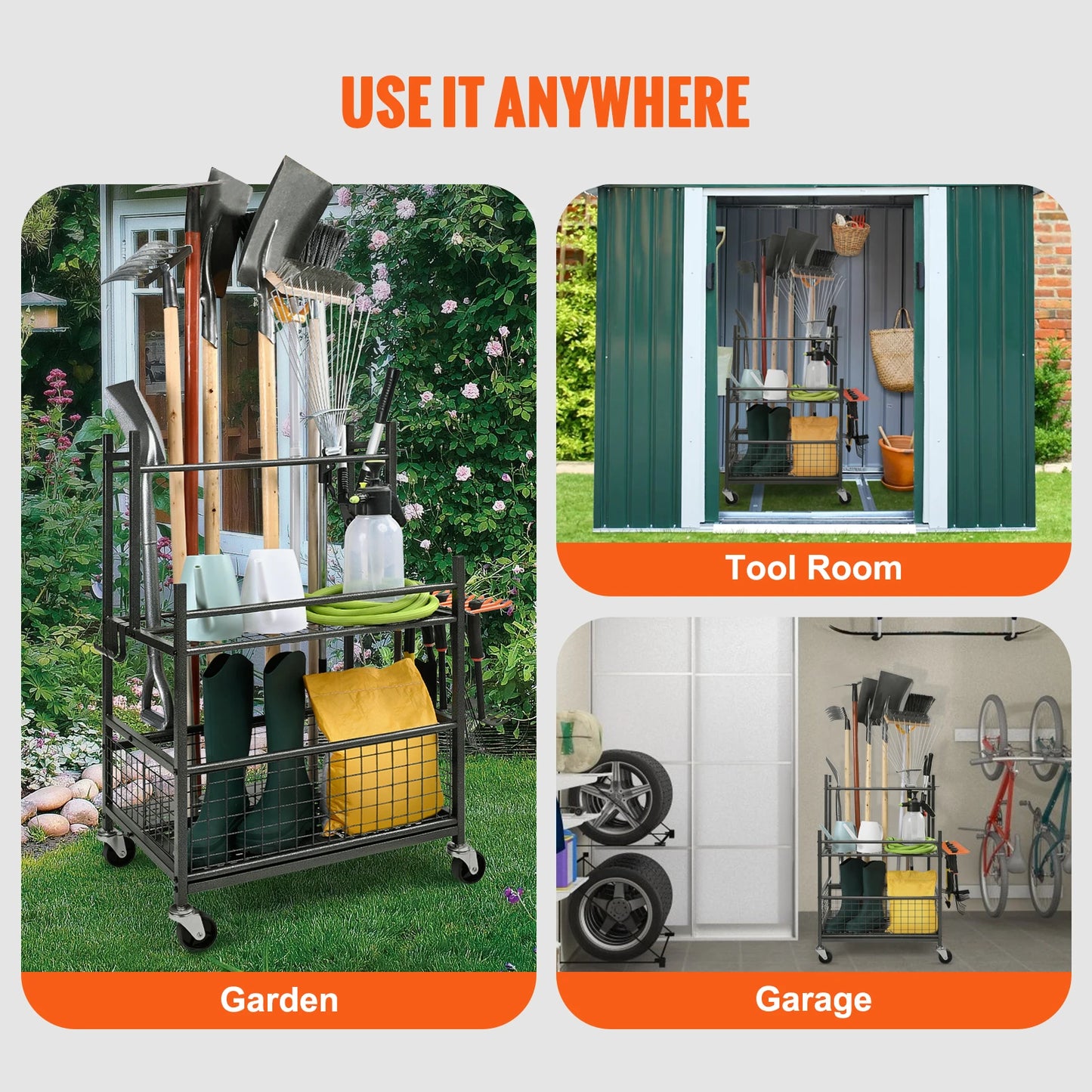 Garden Tool Organizer Rack With 16 Slots And Wheels For Garage