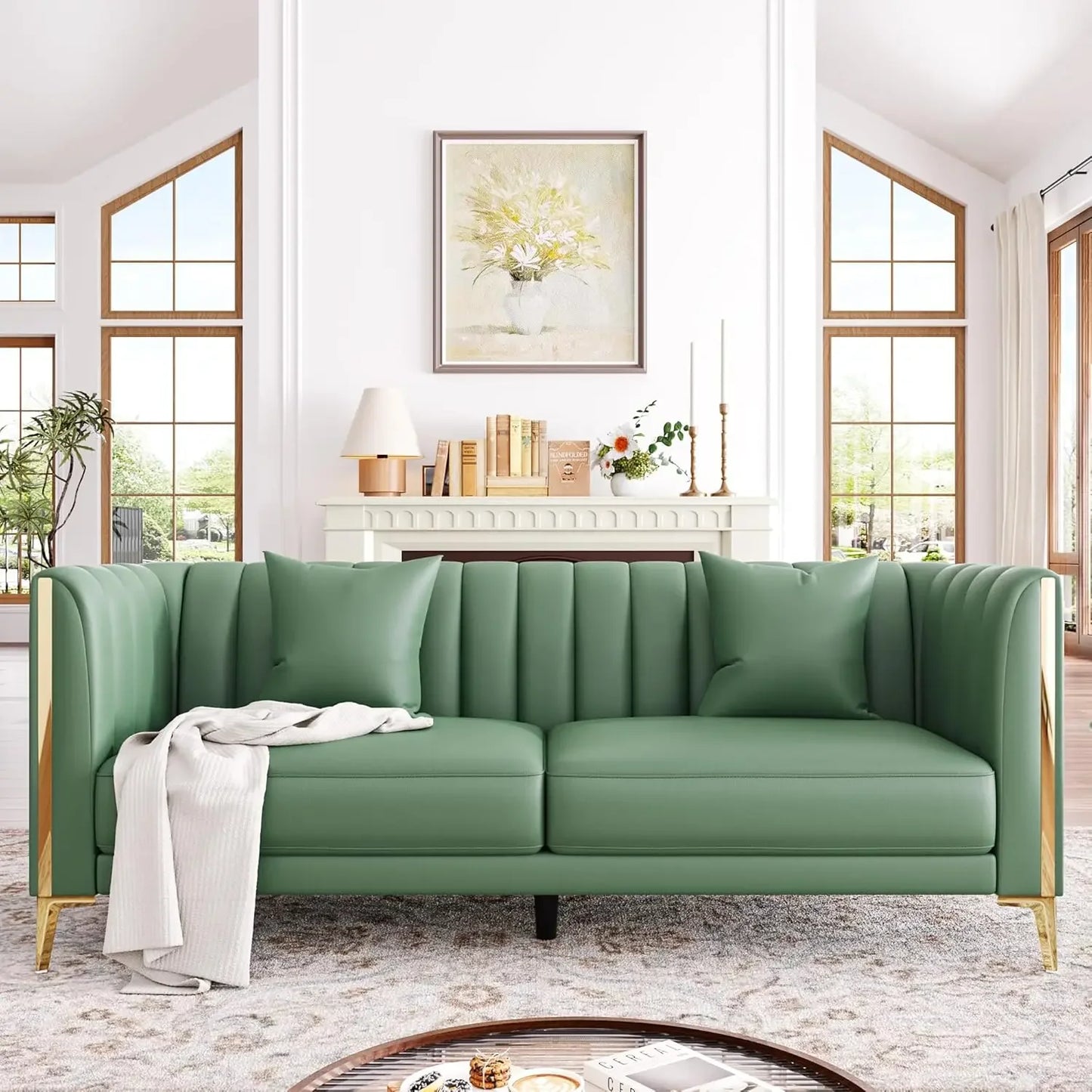 Modern Faux Leather 3 Seater Sofa With Gold Metal Legs