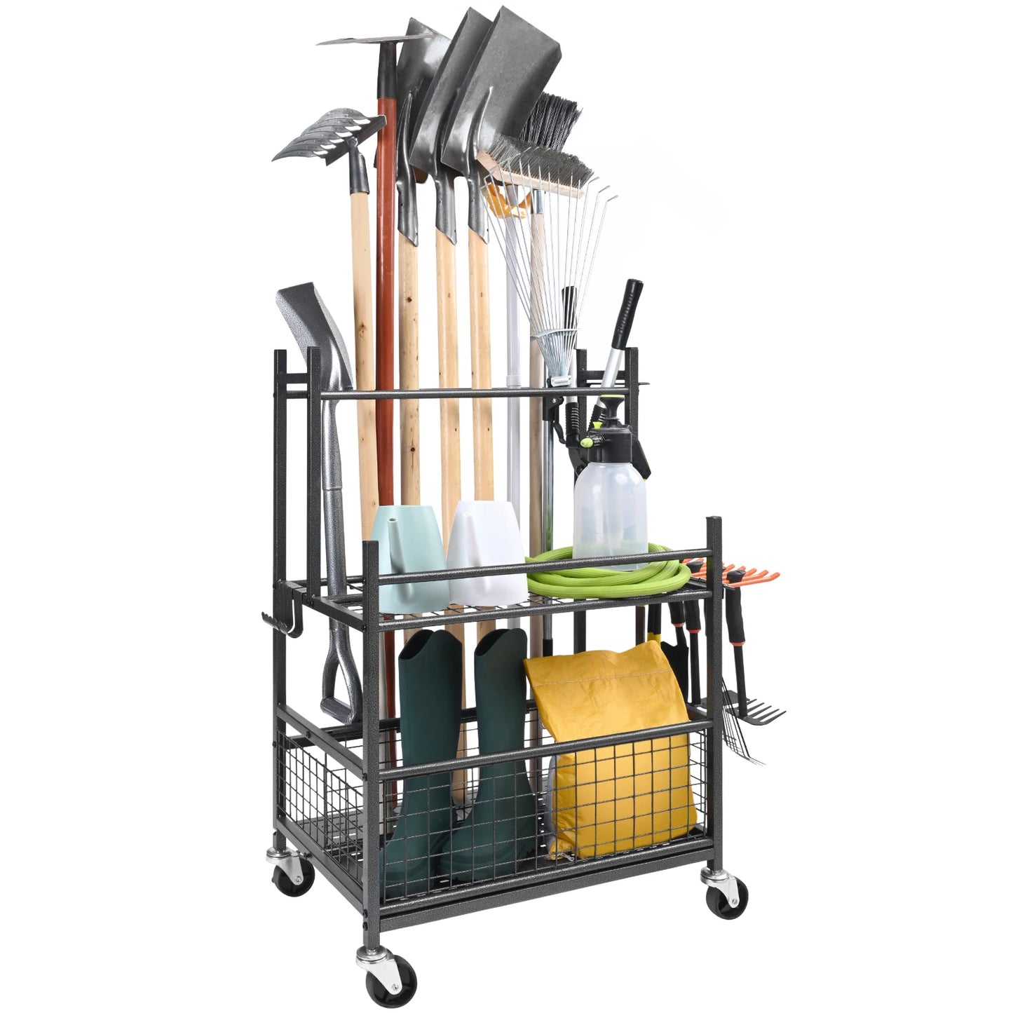 Garden Tool Organizer Rack With 16 Slots And Wheels For Garage