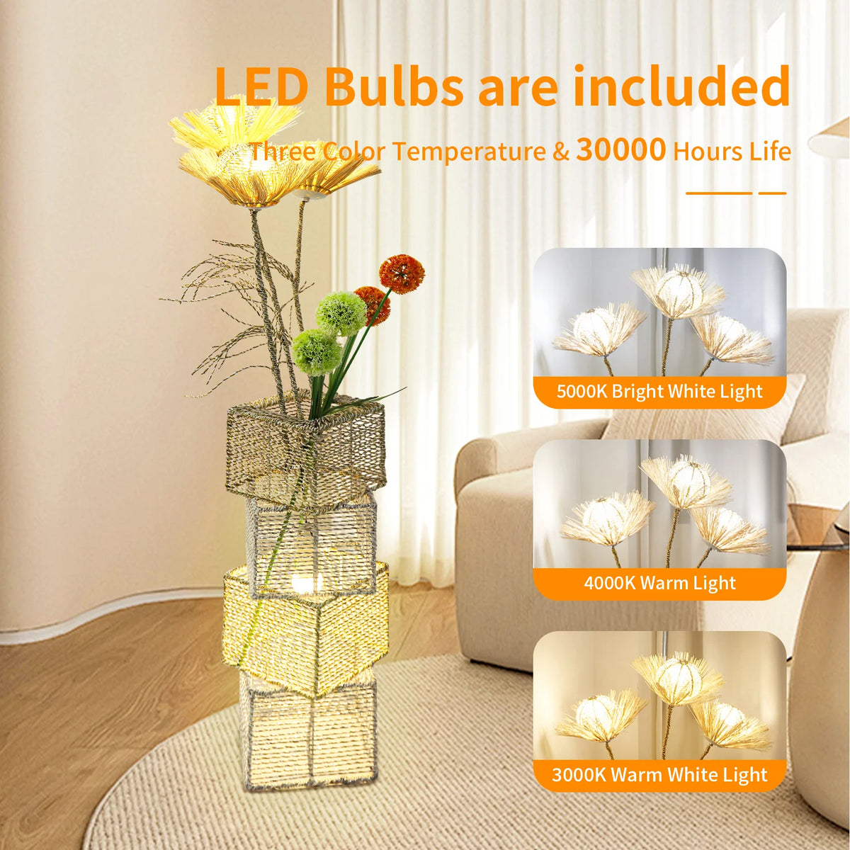 Modern Rattan Floor Lamp Featuring Dimmable LED And Flower Design