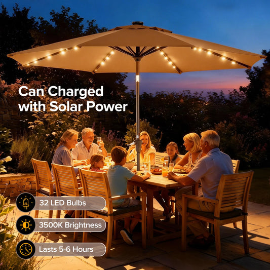JHK Solar 32 LED Outdoor Patio Umbrella With Tilt And Crank UV Resistant