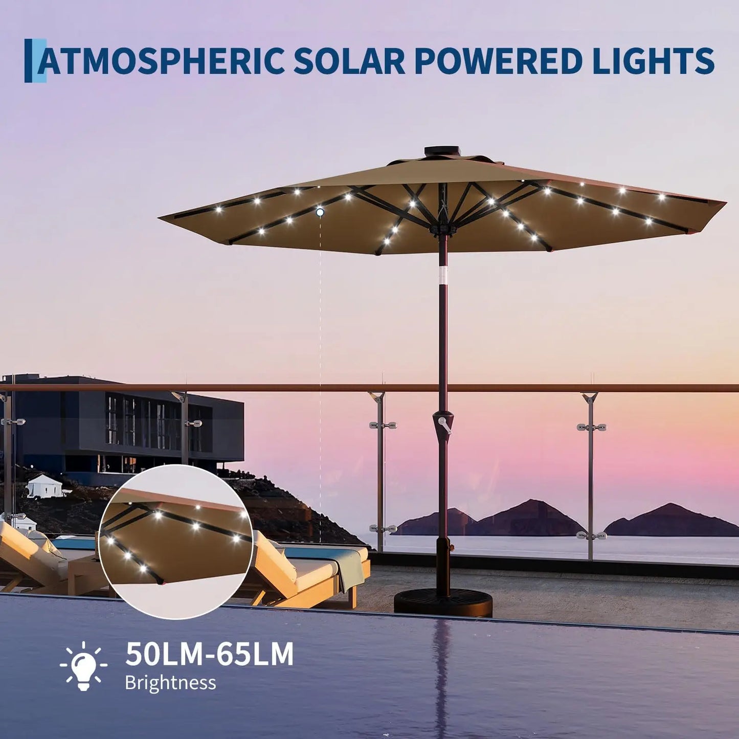 Studyset Solar Powered Patio Umbrella With 32 LED Lights Tilt