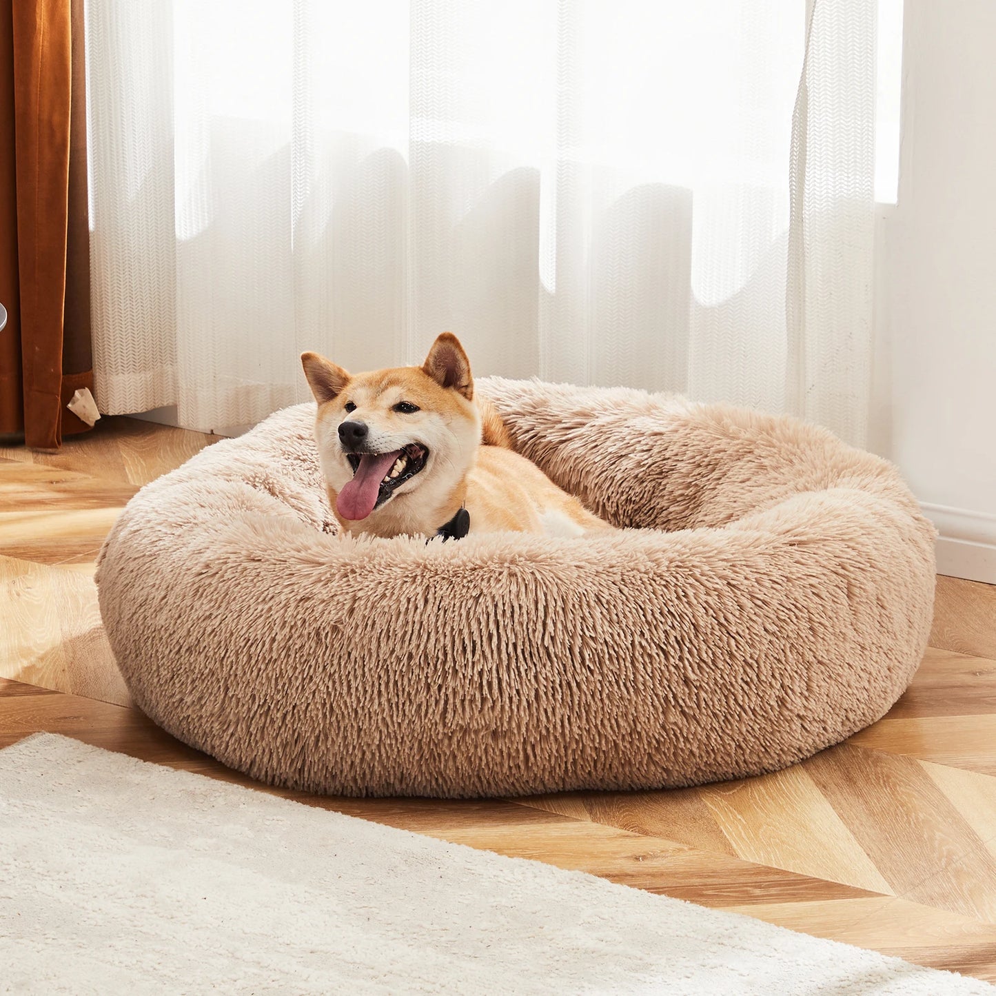 JHK Calming Round Dog Bed For Medium To Large Dogs Washable Plush Faux Fur