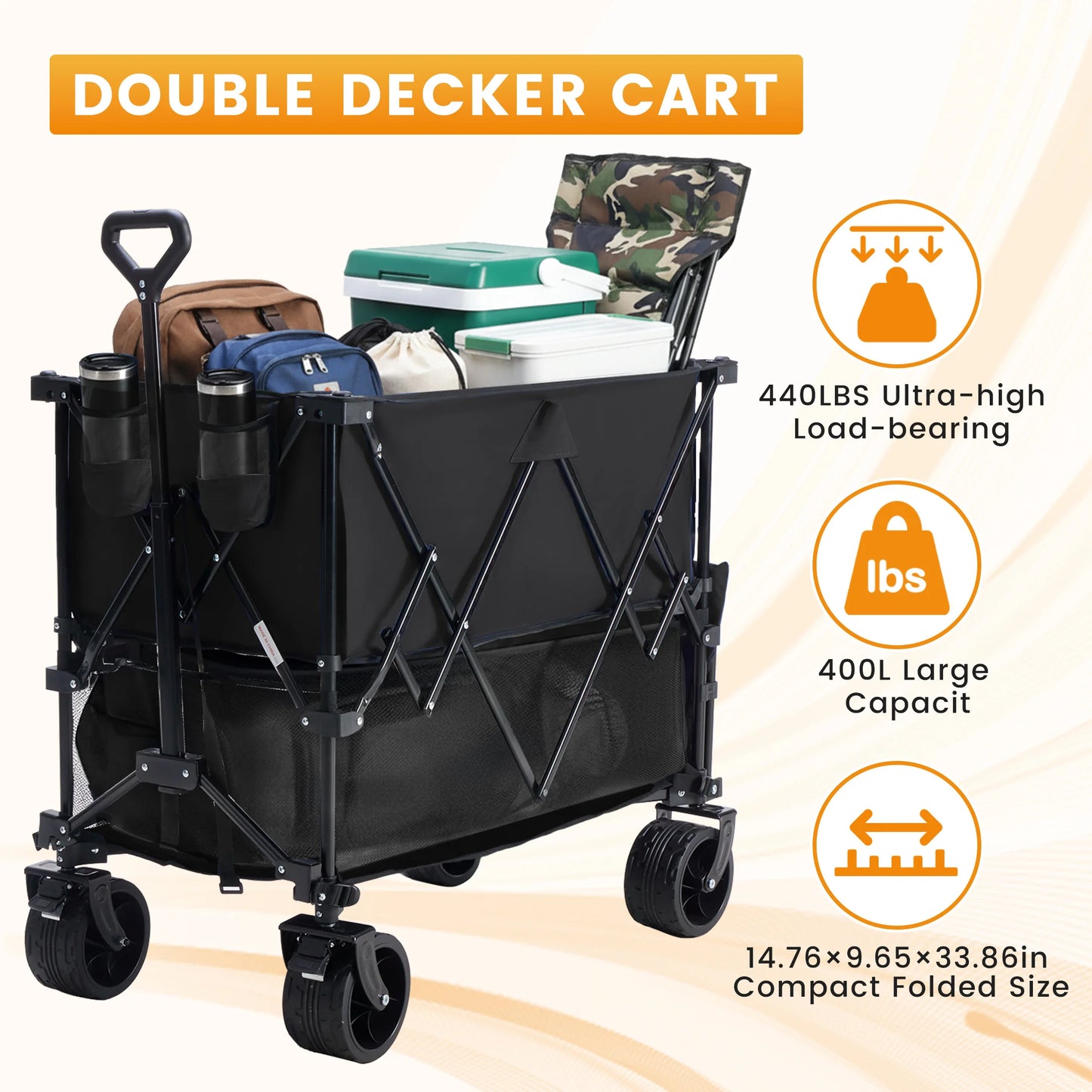 JHK Outdoor Double Decker Wagon Cart 440 Lb Capacity Foldable