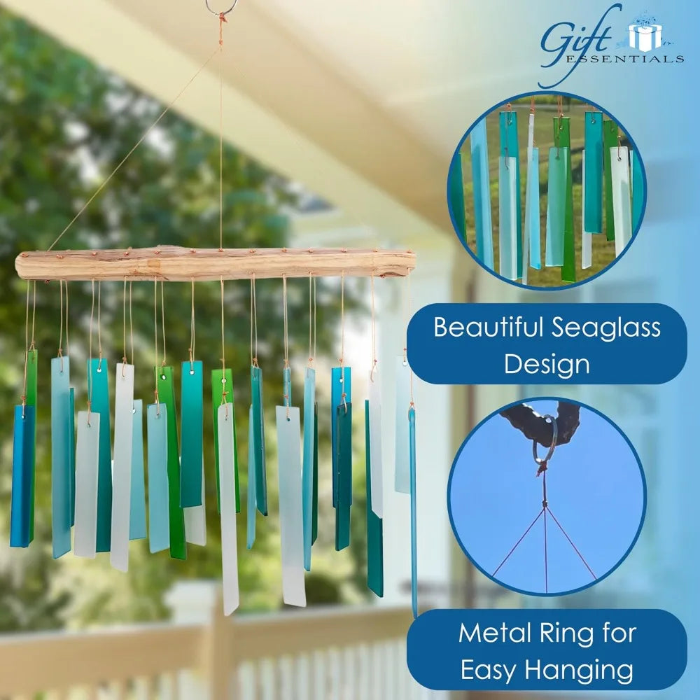 Handcrafted Sea Glass And Driftwood Wind Chime With Sandblasted Glass