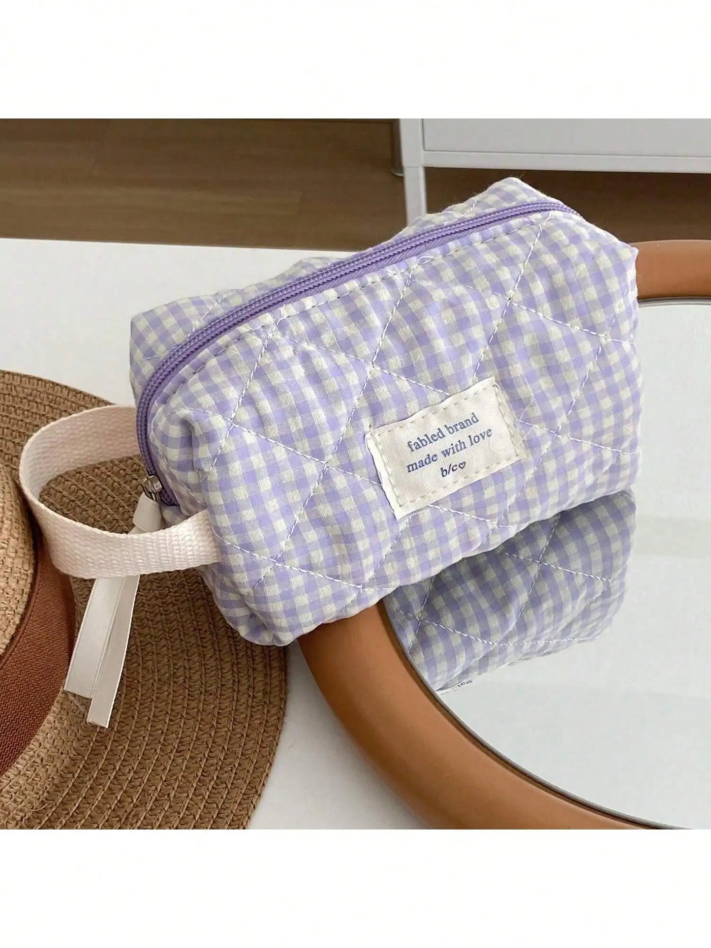 Three Piece Quilted Makeup Bag Set Floral Silk Ribbon Bow
