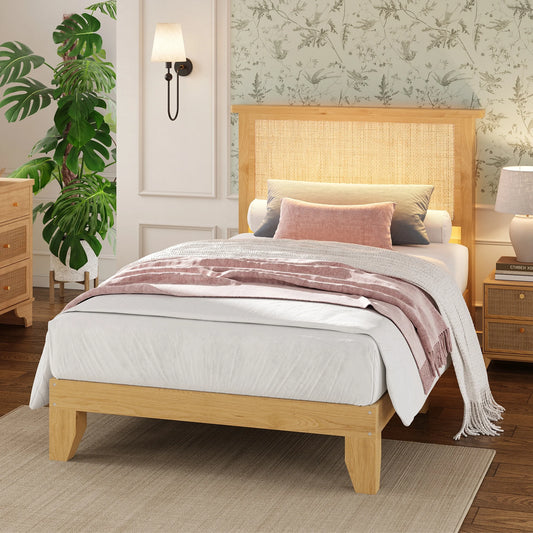 Modern Wood Platform Bed Frame With Rattan Headboard and Silent Slats