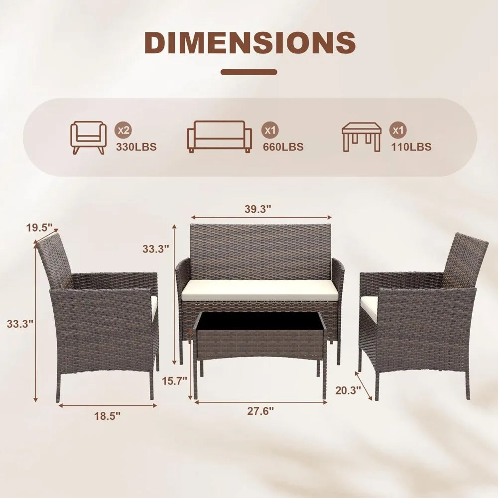 4-Piece Patio Wicker Conversation Set With Tempered Glass Coffee Table
