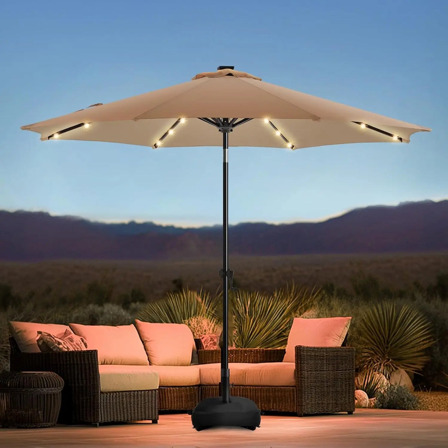 Solar Powered Patio Umbrella With Base And 32 LED Lights