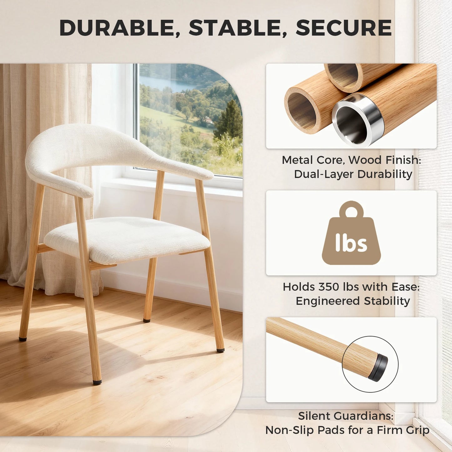JHK Linen Fabric Upholstered Living Chairs Set of 2 Modern Farmhouse Kitchen Side Chairs with Curved Backrest and Metal Legs Accent Chairs for Dining Room