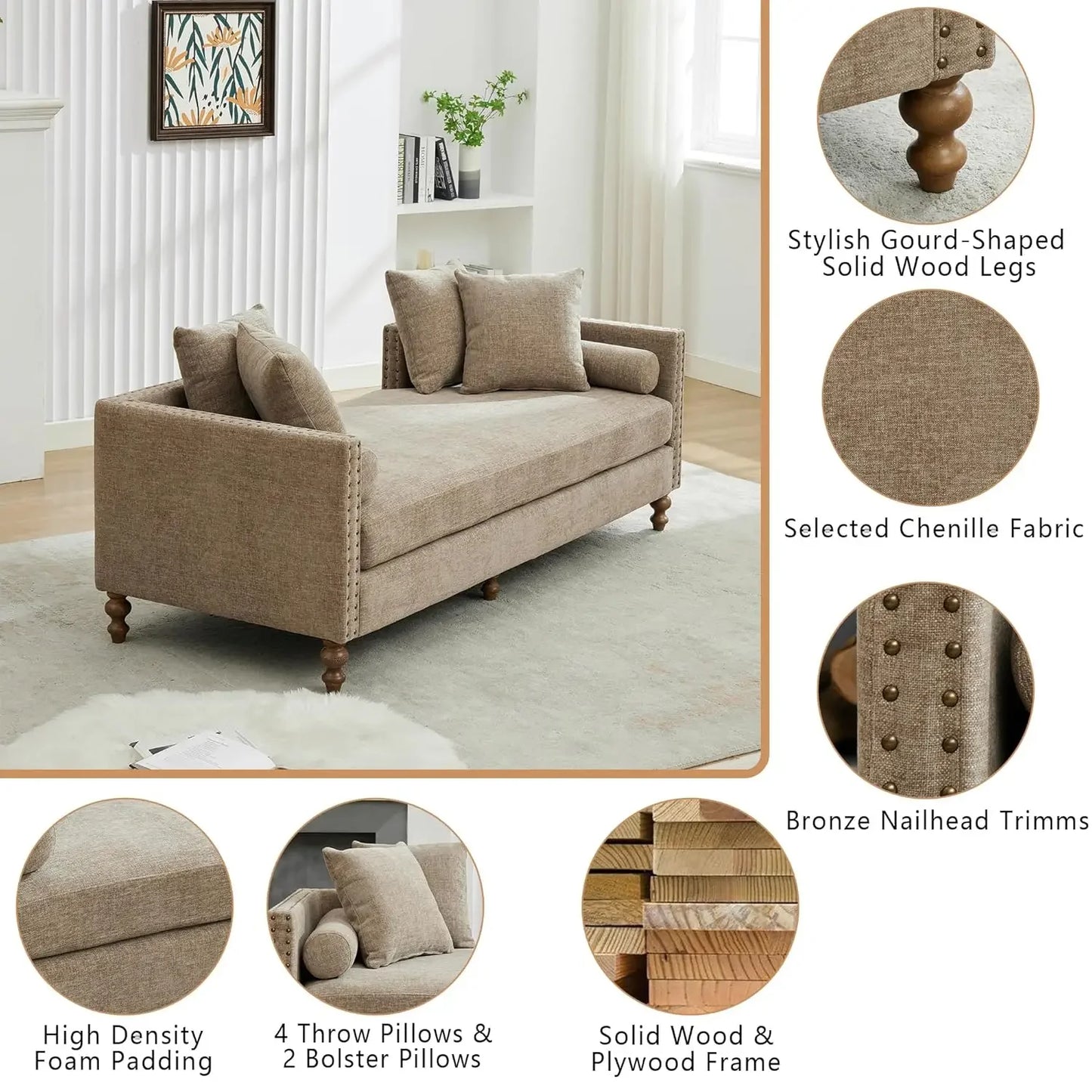 Indoor Chaise Lounge Sofa Chair Double Sided Chenille Ottoman Bench