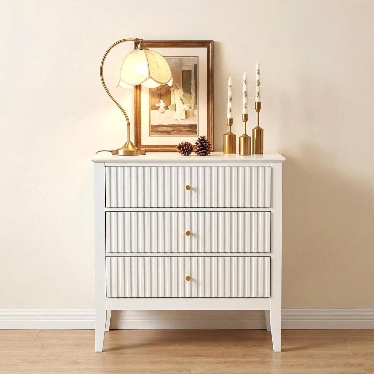 HiMISS Fluted Nightstand With Charging Station And Three Drawers