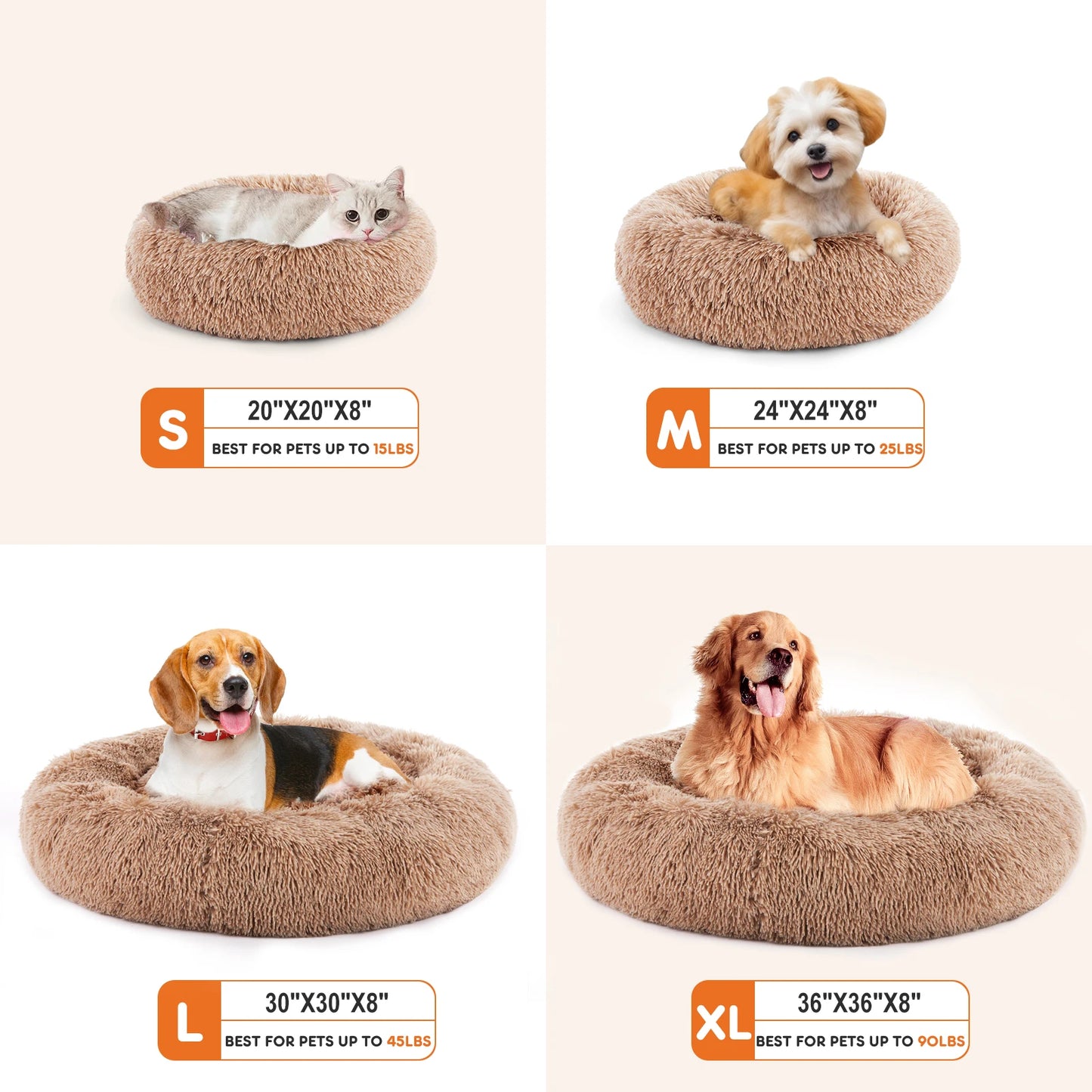 JHK Calming Dog Bed Washable Anti-Slip Round Plush Faux Fur Pet Bed