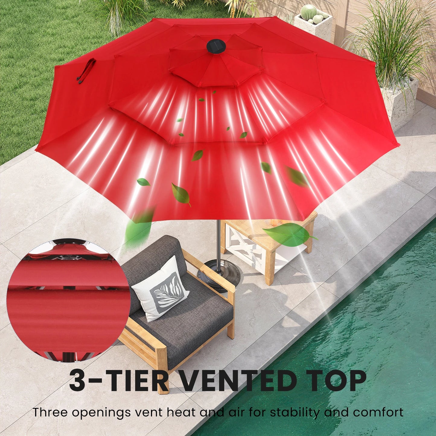 Solar Patio Umbrella With 32 LED Lights For Outdoor Shade