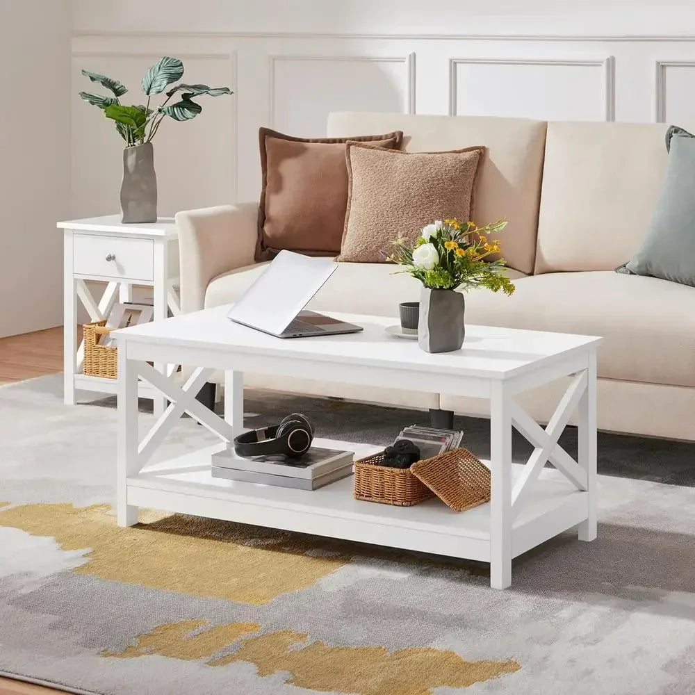 Two Tier Wood Coffee Table With Storage Shelves Living Room