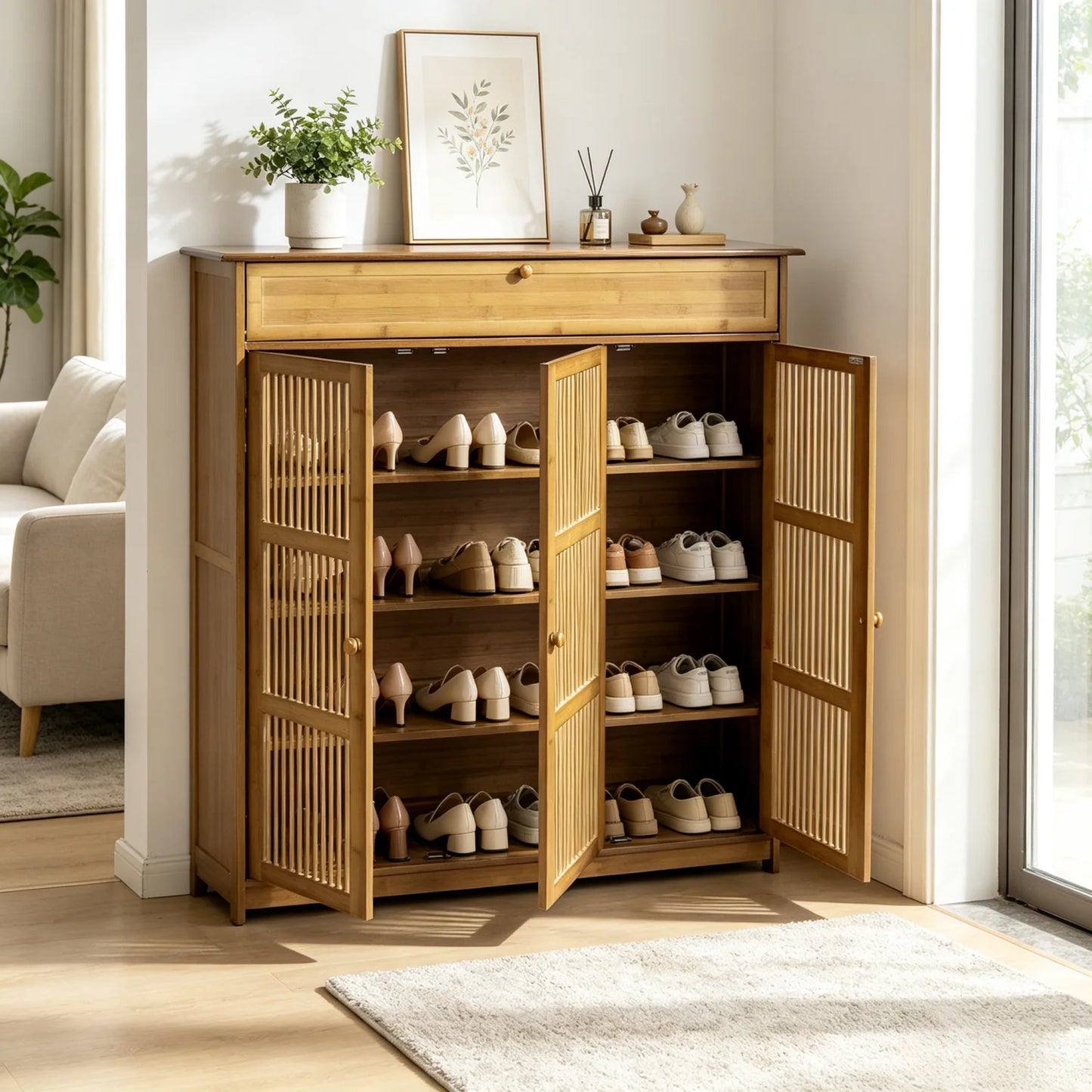 Bamboo Shoe Storage Cabinet With Hollow Doors For Entryway