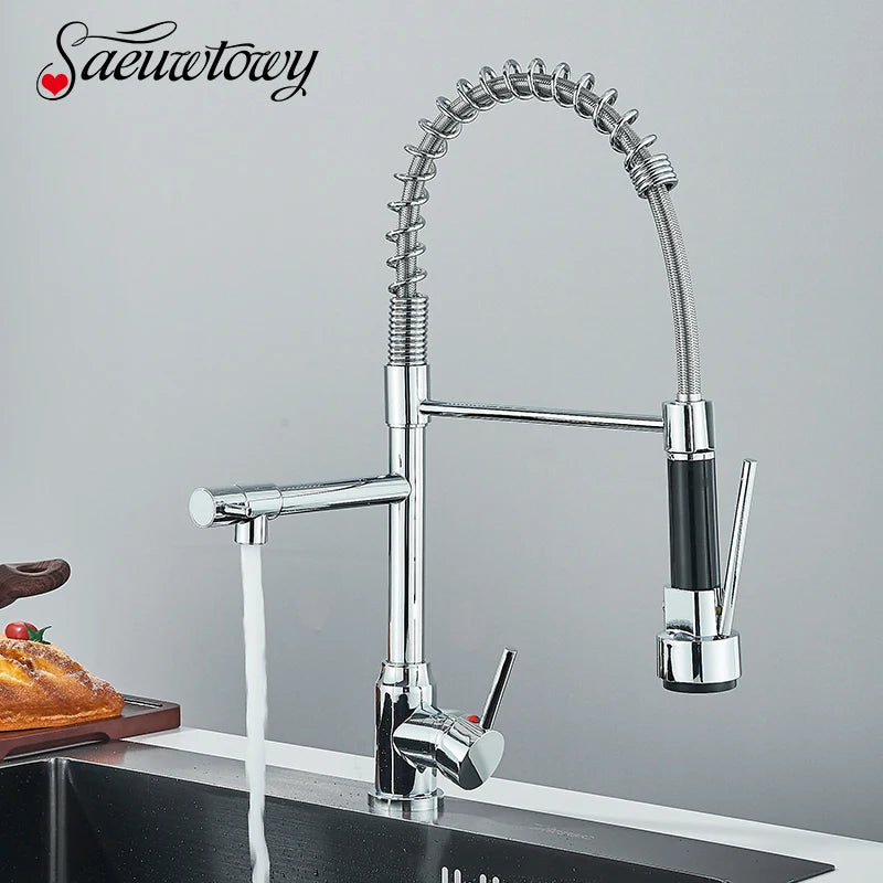 Saeuwtowy Chrome Pull Down Kitchen Faucet Hot Cold Deck Mounted