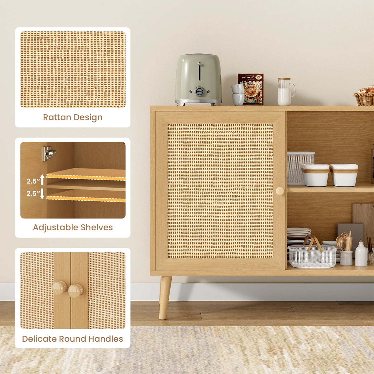 Farini Rattan Sideboard Cabinet Mid Century Modern Dining Storage Console
