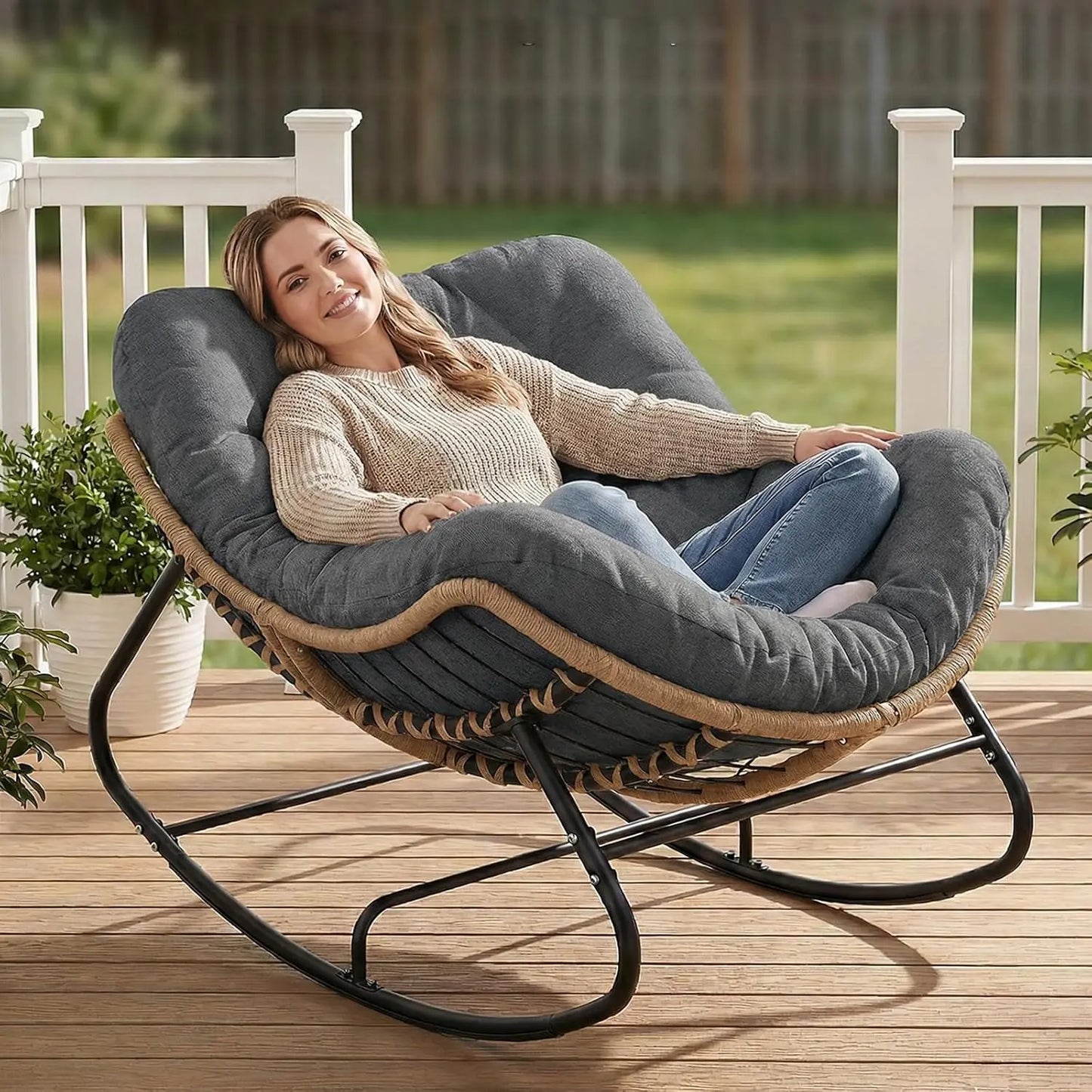 GUOHE Outdoor Papasan Rocking Chair With Thick Cushion