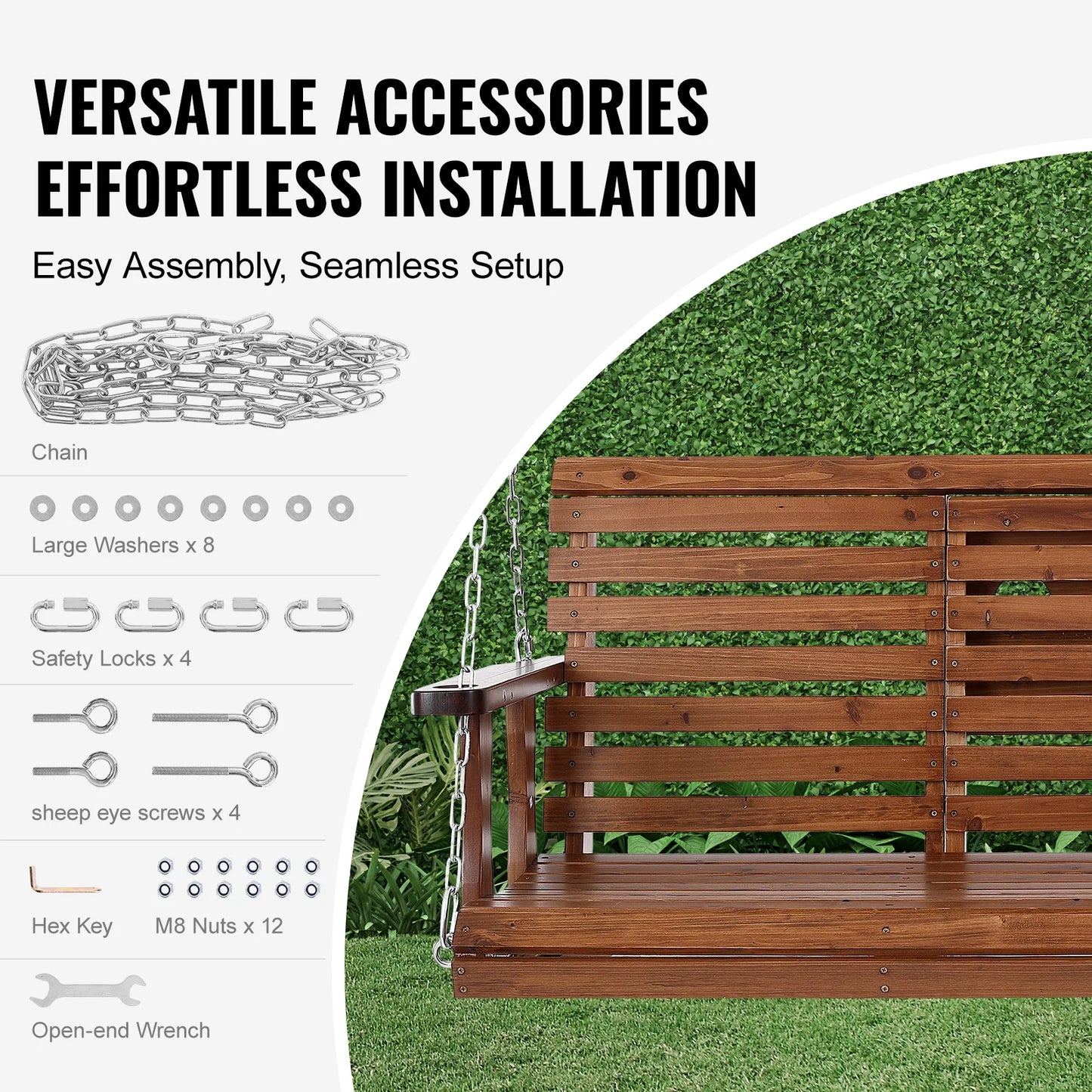 SucceBuy Cedar Wood Porch Swing Outdoor Bench With Steel Chains 880 LB Capacity