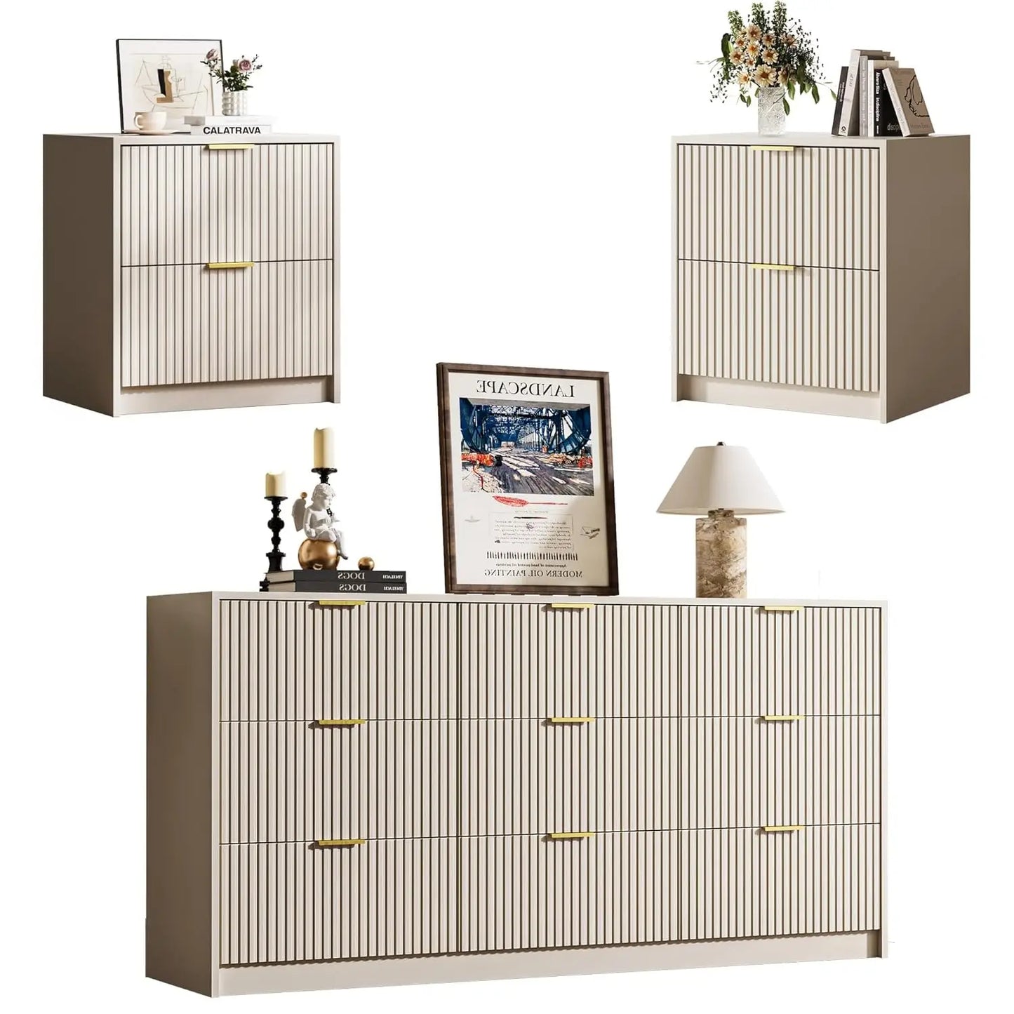 Dresser Bedroom Set With 9 Drawer Dresser And 2 Drawer Nightstands Gold Handles
