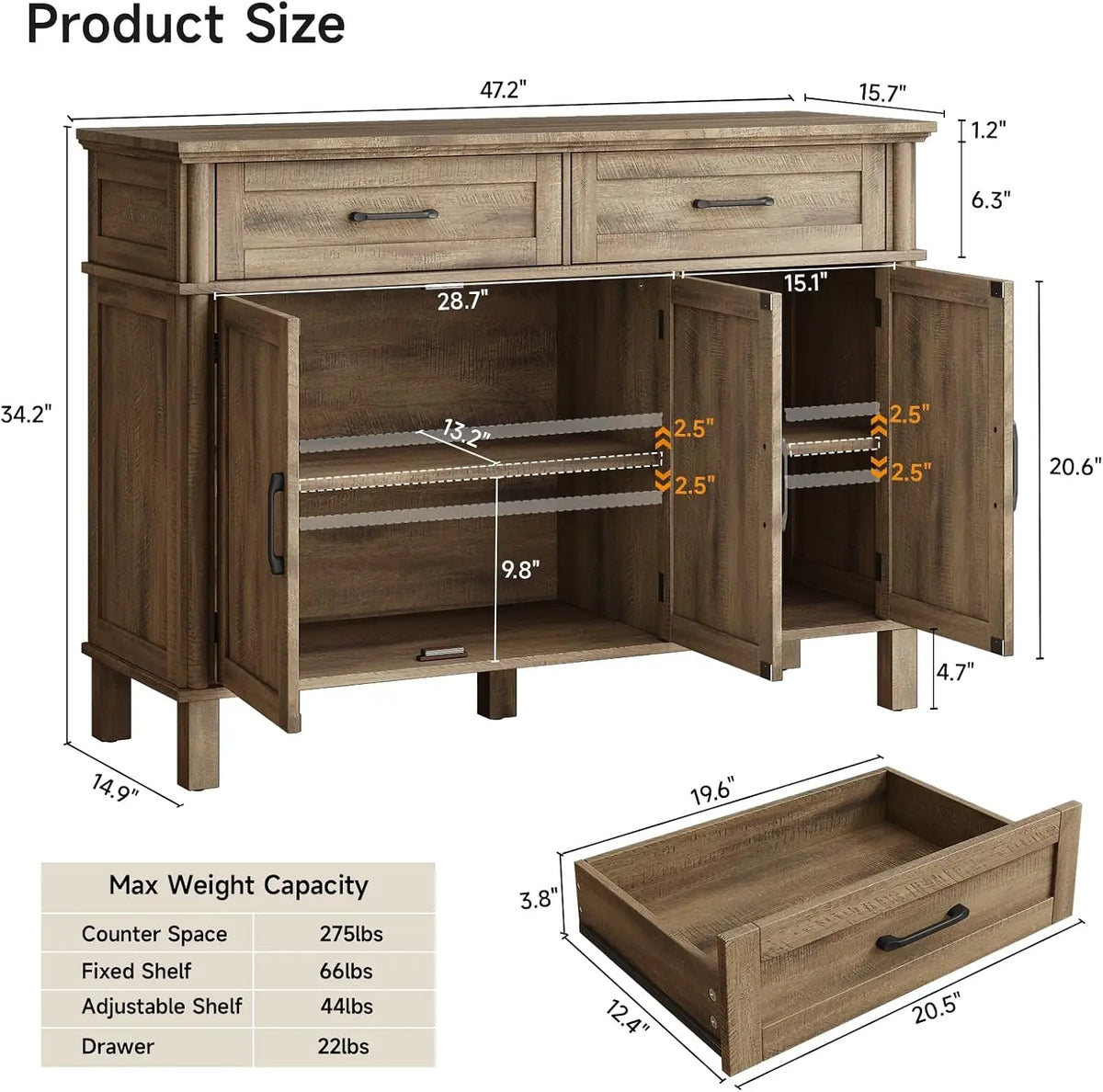 Onbrill Wood Buffet Cabinet With Three Doors And Two Drawers