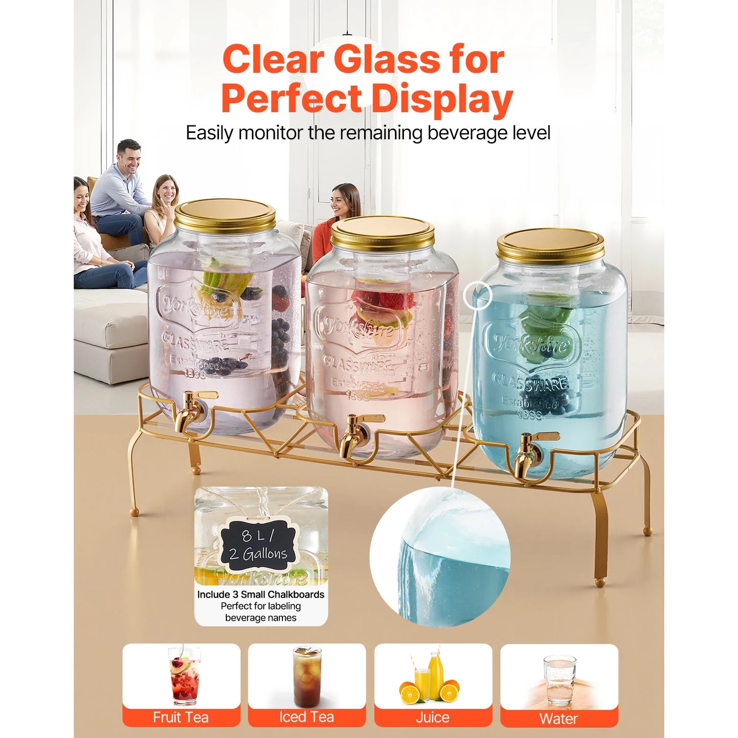 SucceBuy Beverage Dispenser Set With Glass Three Cylinders And Metal Stand