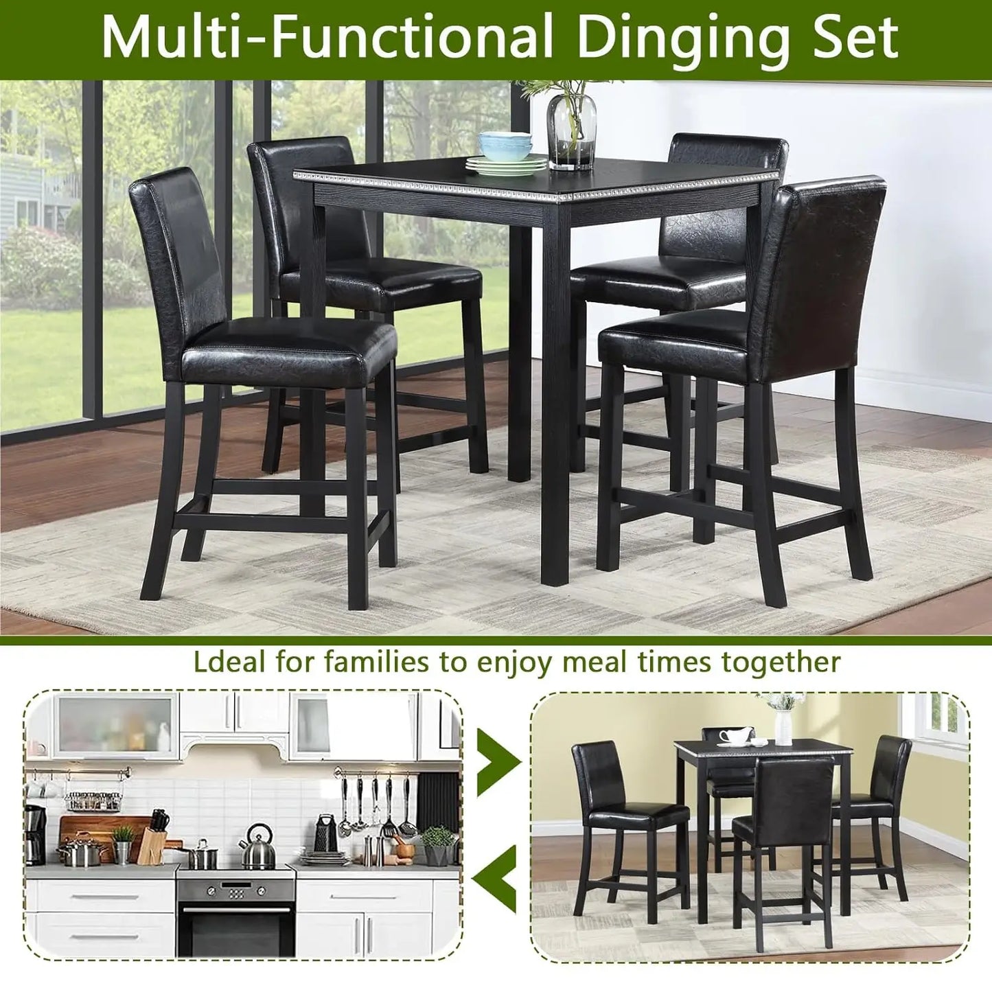 Solid Wood Dining Table Set For Four With Upholstered Chairs