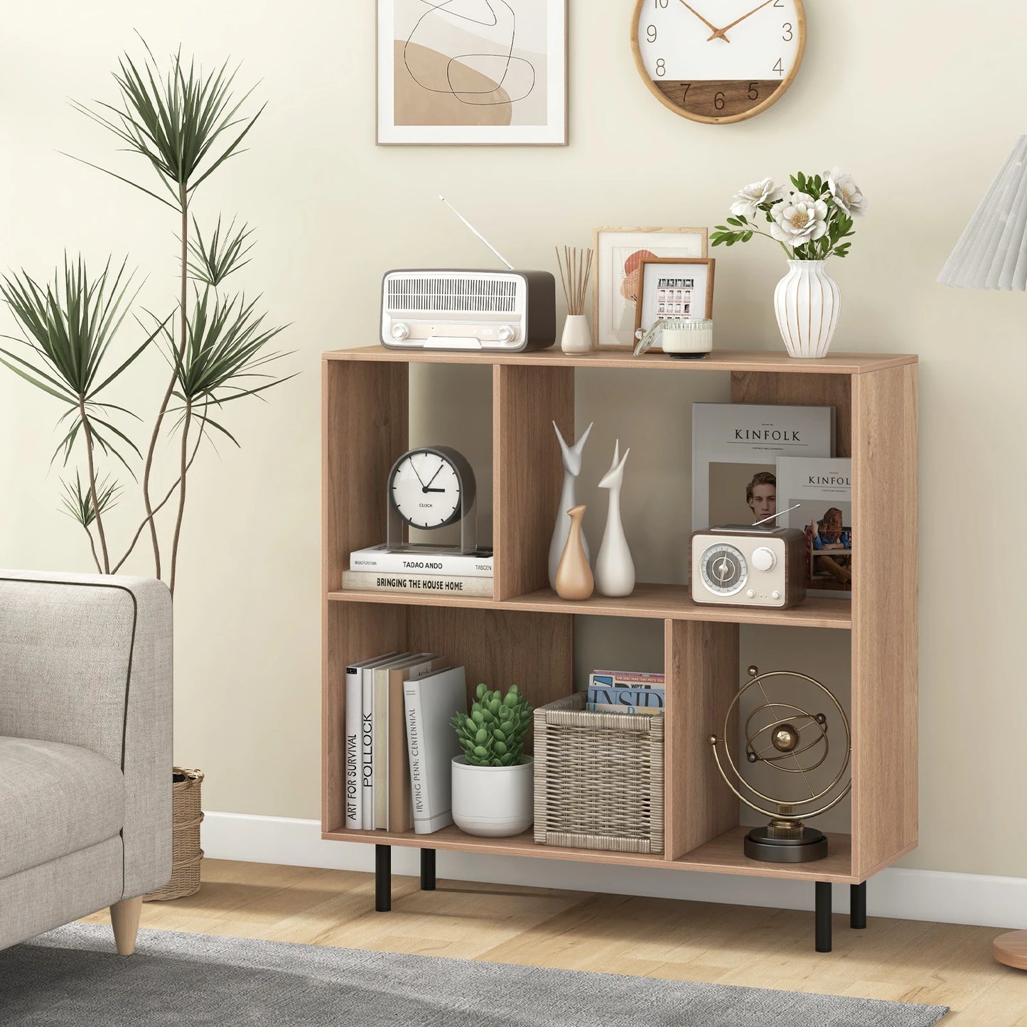 HOMASIS Open Shelf Bookcase Midcentury Modern Cube Storage Four Compartments