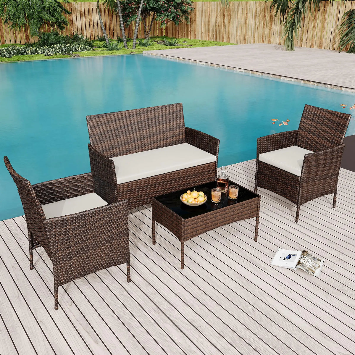 HiMISS Outdoor Rattan Patio Furniture Set With Cushions And Glass Table